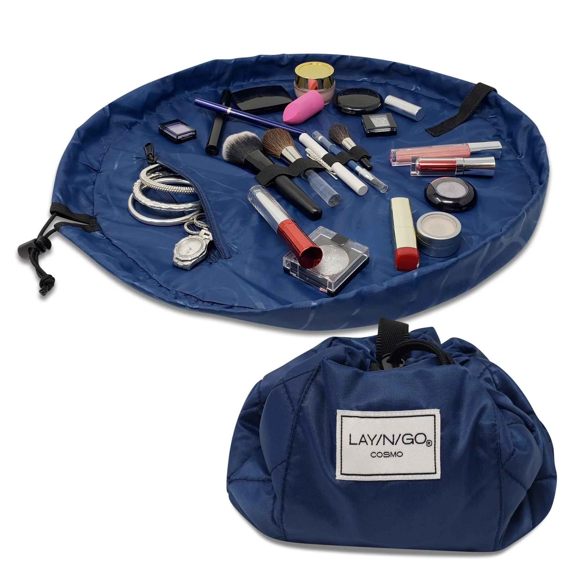 Lay-n-Go Cosmo Drawstring Cosmetic & Makeup Bag Organizer - Portable Drawstring Makeup Bag w/Zipper Pocket, Makeup Loops & More - Durable, Machine Washable Makeup Bag for Travel (20”, Navy)
