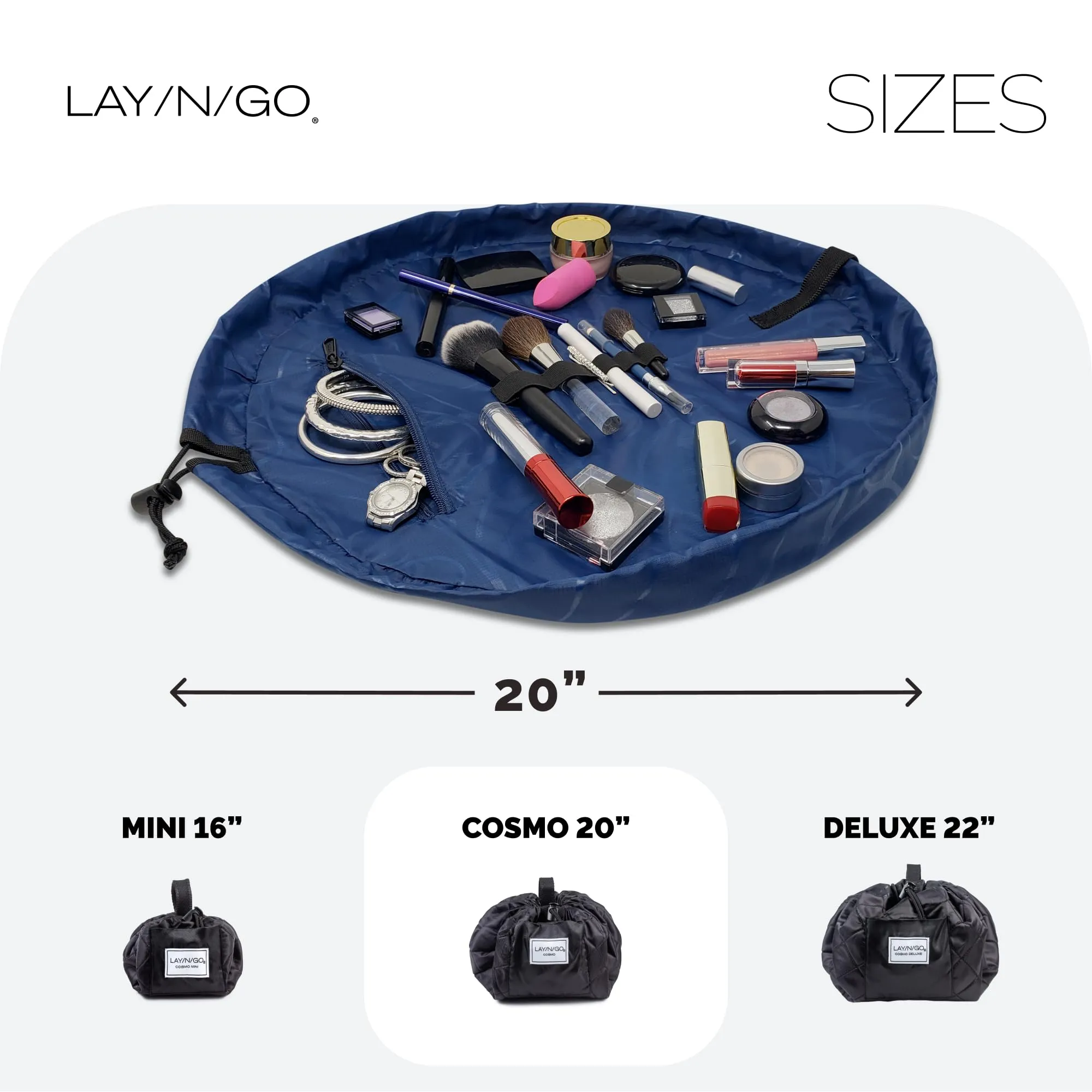 Lay-n-Go Cosmo Drawstring Cosmetic & Makeup Bag Organizer - Portable Drawstring Makeup Bag w/Zipper Pocket, Makeup Loops & More - Durable, Machine Washable Makeup Bag for Travel (20”, Navy)