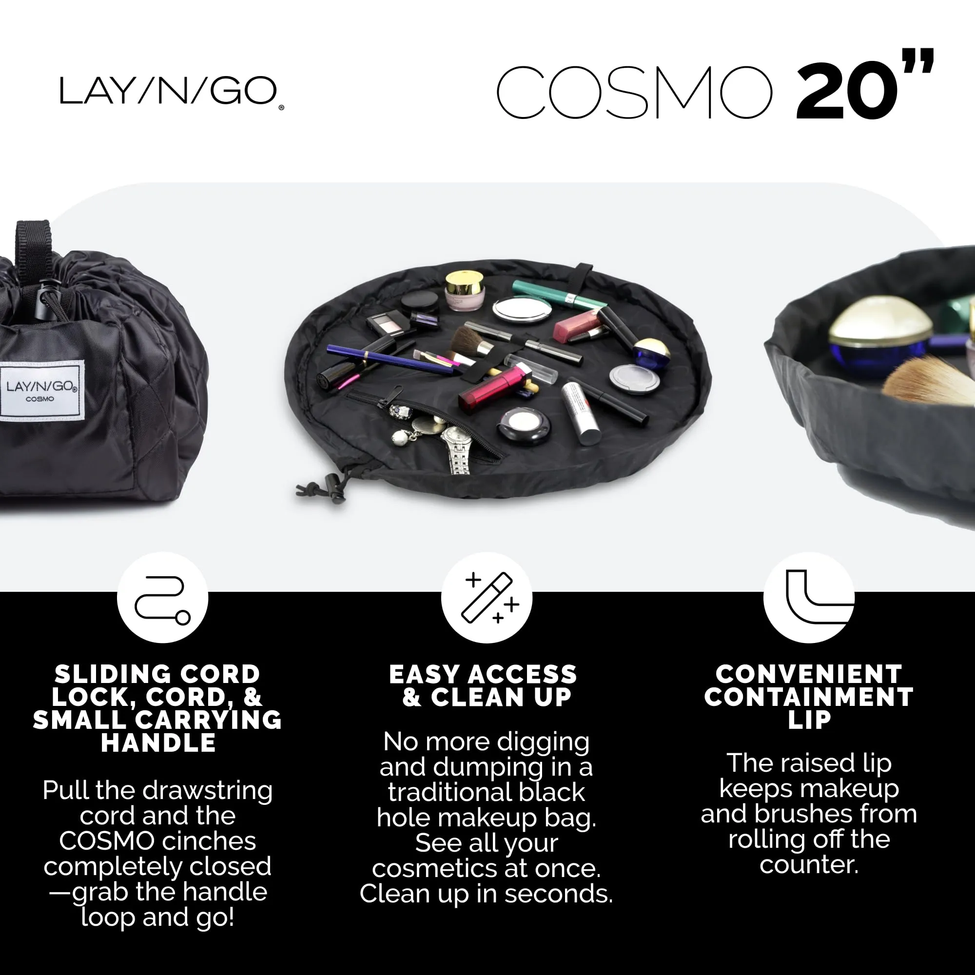 Lay-n-Go Cosmo Drawstring Cosmetic & Makeup Bag Organizer - Portable Drawstring Makeup Bag w/Zipper Pocket, Makeup Loops & More - Durable, Machine Washable Makeup Bag for Travel (20”, Navy)