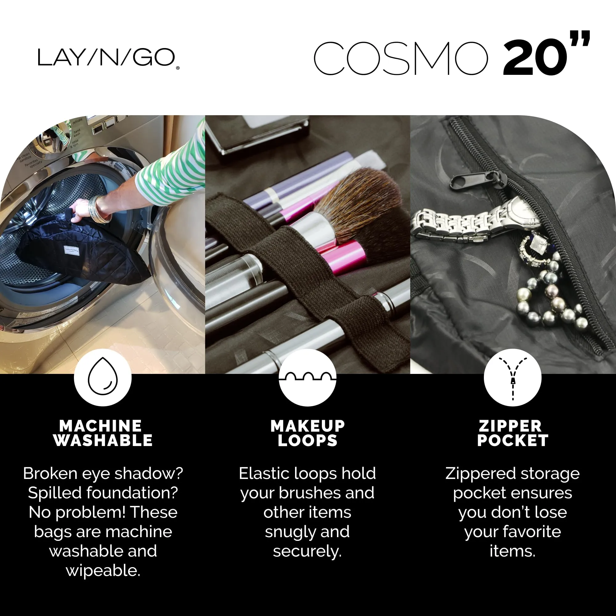 Lay-n-Go Cosmo Drawstring Cosmetic & Makeup Bag Organizer - Portable Drawstring Makeup Bag w/Zipper Pocket, Makeup Loops & More - Durable, Machine Washable Makeup Bag for Travel (20”, Navy)