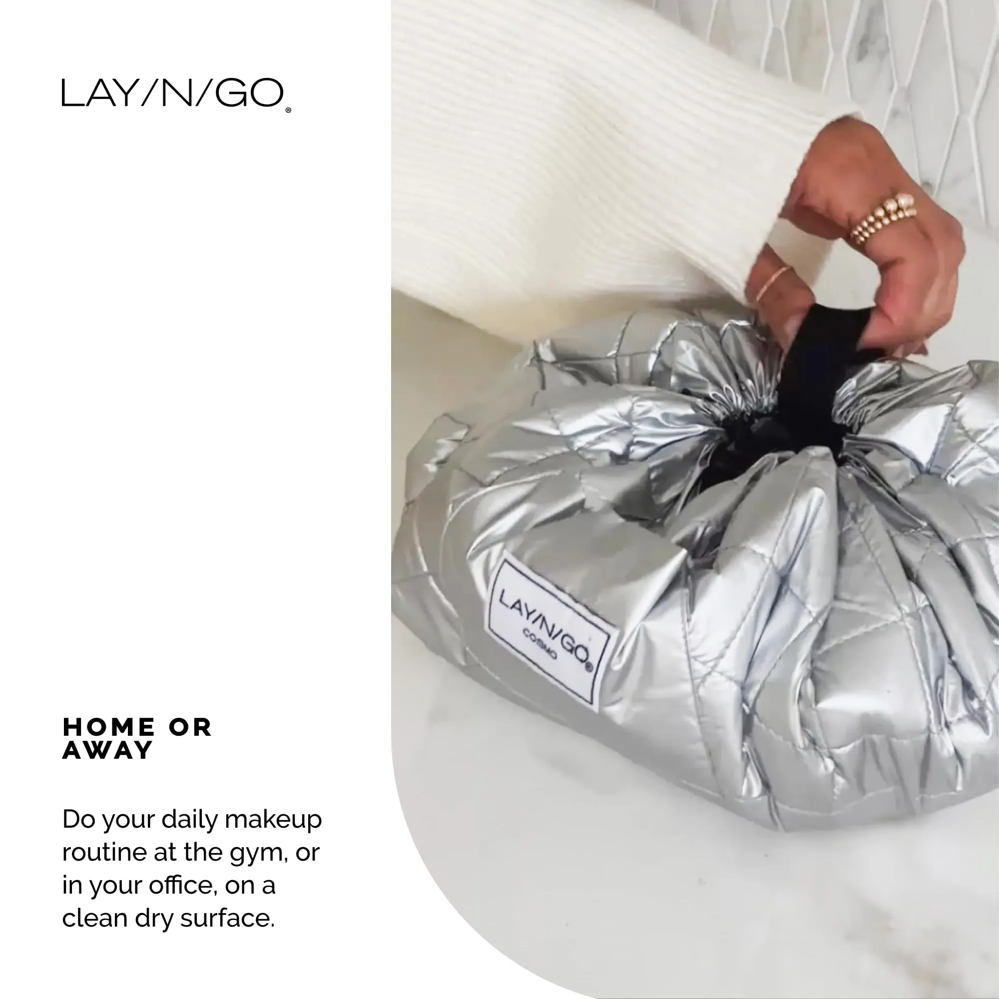 Lay-n-Go Cosmo Drawstring Cosmetic & Makeup Bag Organizer - Portable Drawstring Makeup Bag w/Zipper Pocket, Makeup Loops & More - Durable, Machine Washable Makeup Bag for Travel (20”, Navy)