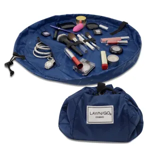 Lay-n-Go Cosmo Drawstring Cosmetic & Makeup Bag Organizer - Portable Drawstring Makeup Bag w/Zipper Pocket, Makeup Loops & More - Durable, Machine Washable Makeup Bag for Travel (20”, Navy)