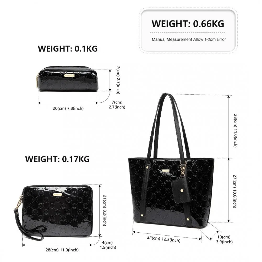 Ld2217 - Miss Lulu 4 Pieces Glossy Leather Tote Bag Set - Black