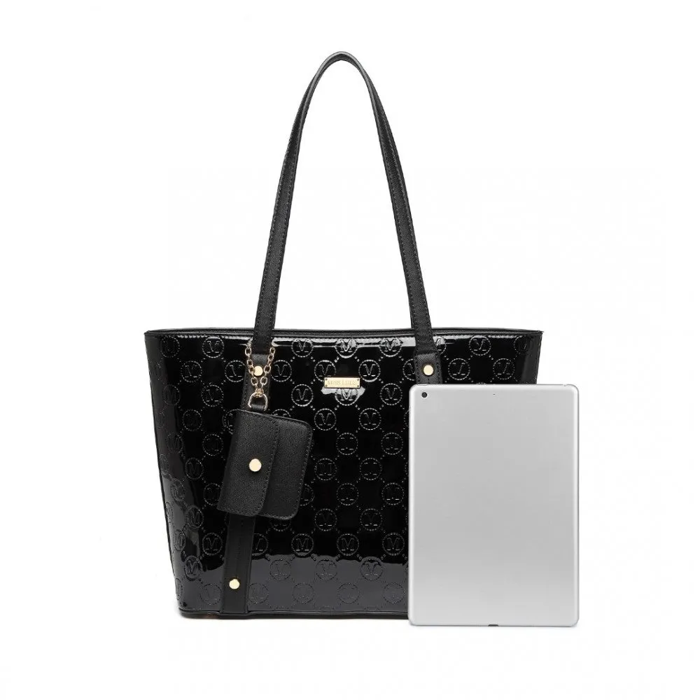 Ld2217 - Miss Lulu 4 Pieces Glossy Leather Tote Bag Set - Black