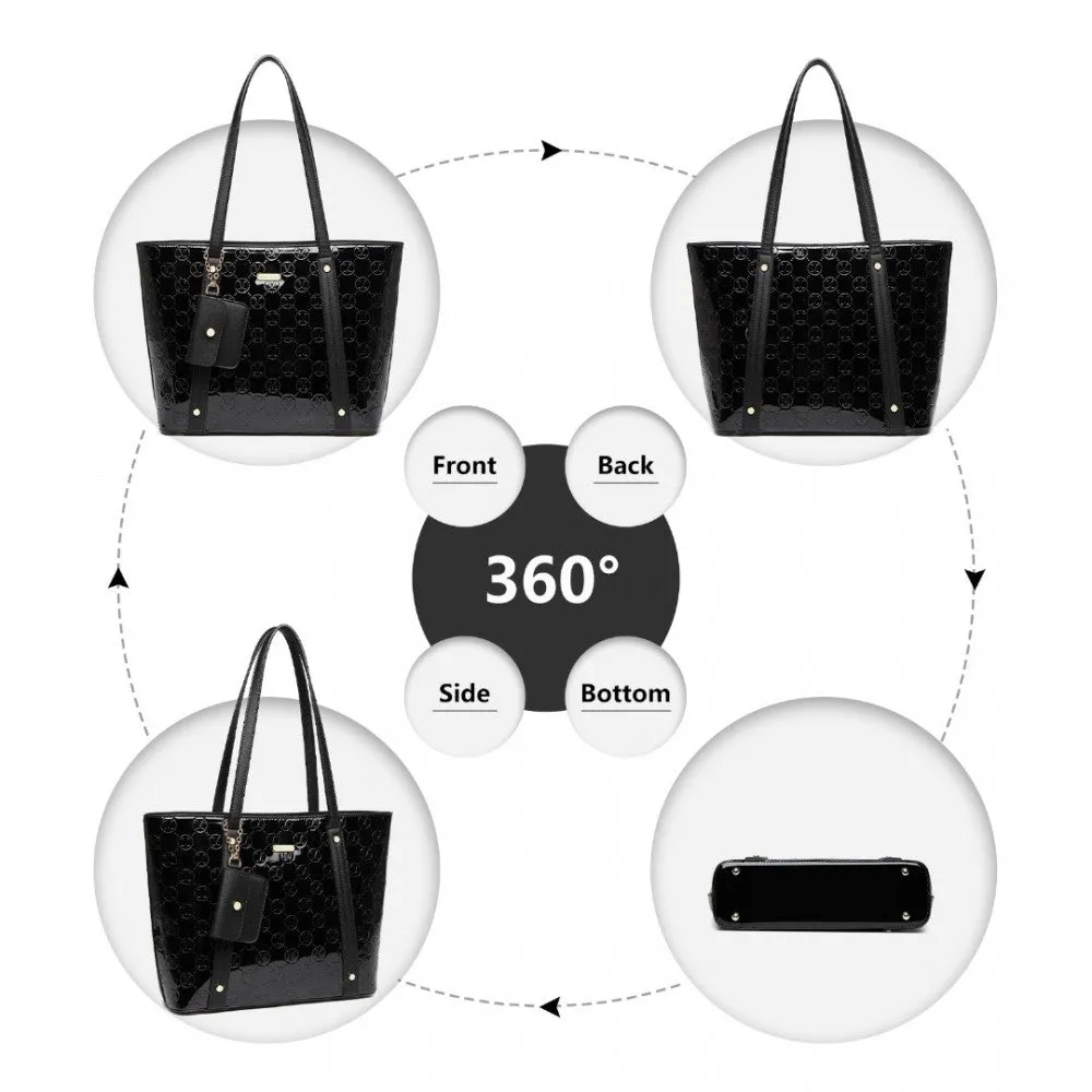 Ld2217 - Miss Lulu 4 Pieces Glossy Leather Tote Bag Set - Black
