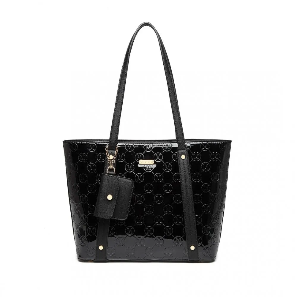 Ld2217 - Miss Lulu 4 Pieces Glossy Leather Tote Bag Set - Black