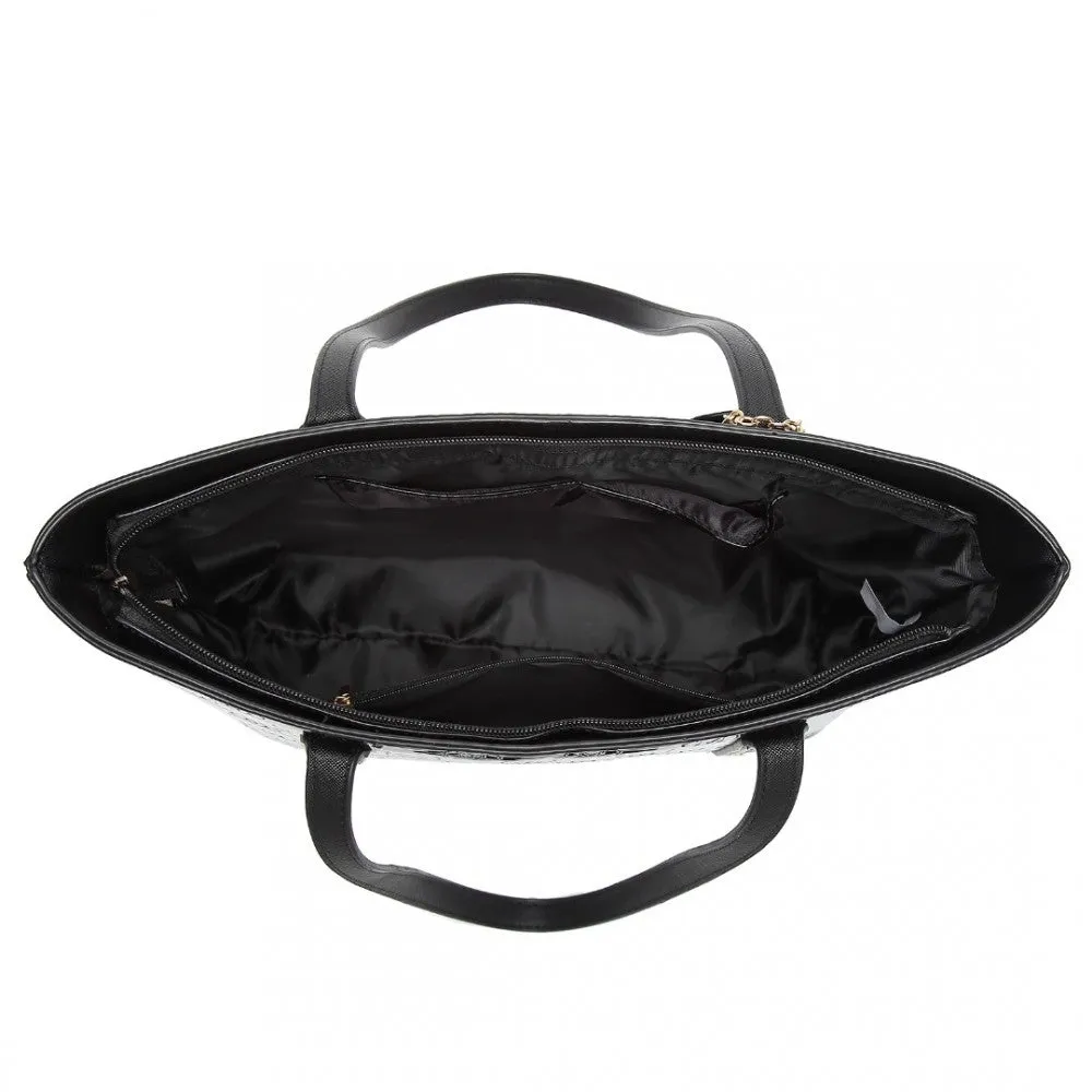 Ld2217 - Miss Lulu 4 Pieces Glossy Leather Tote Bag Set - Black
