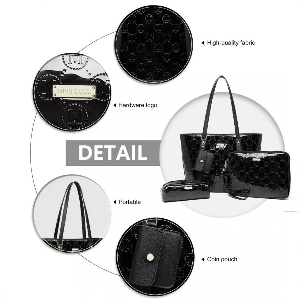 Ld2217 - Miss Lulu 4 Pieces Glossy Leather Tote Bag Set - Black