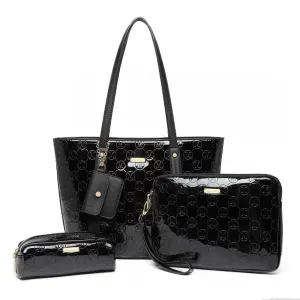 Ld2217 - Miss Lulu 4 Pieces Glossy Leather Tote Bag Set - Black