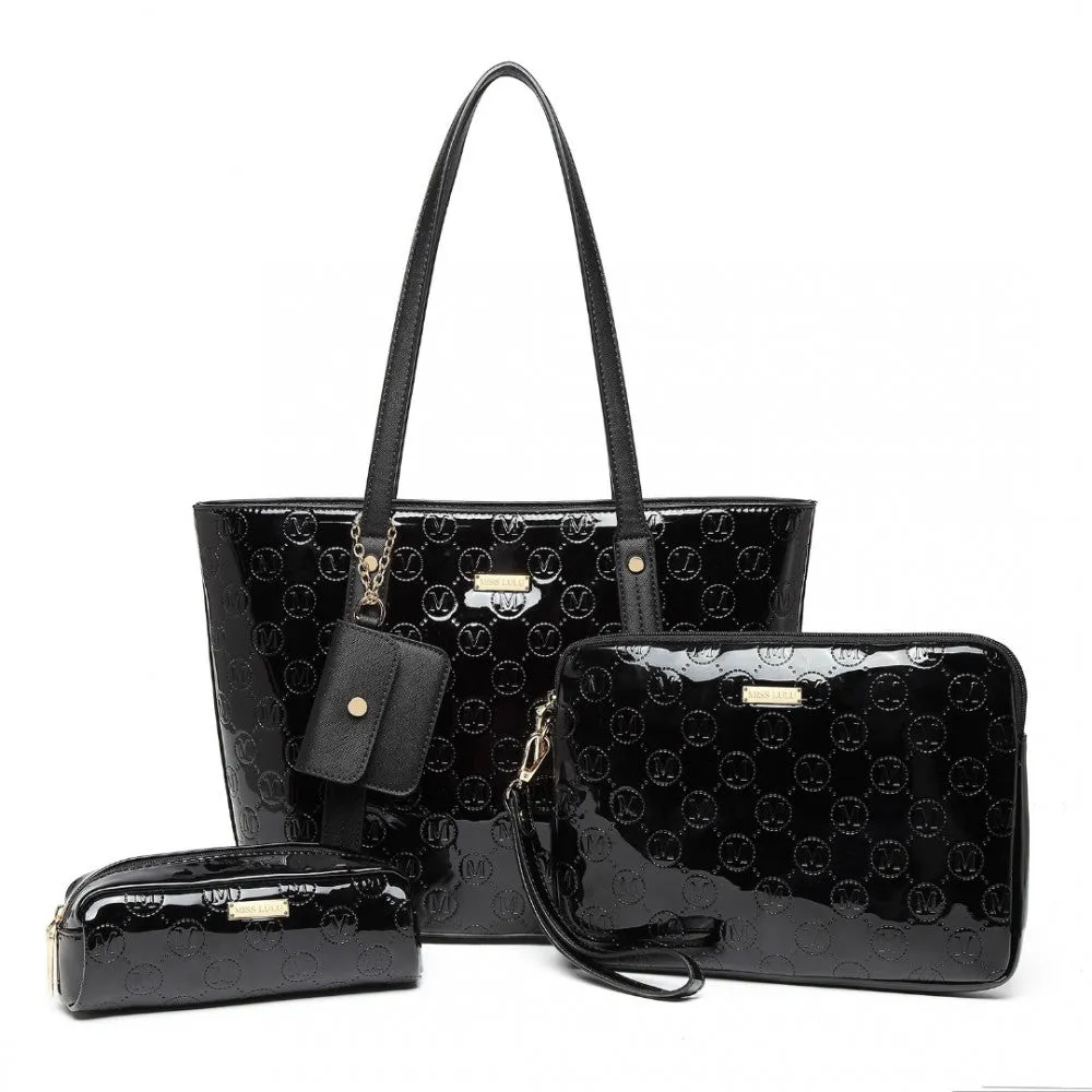 Ld2217 - Miss Lulu 4 Pieces Glossy Leather Tote Bag Set - Black