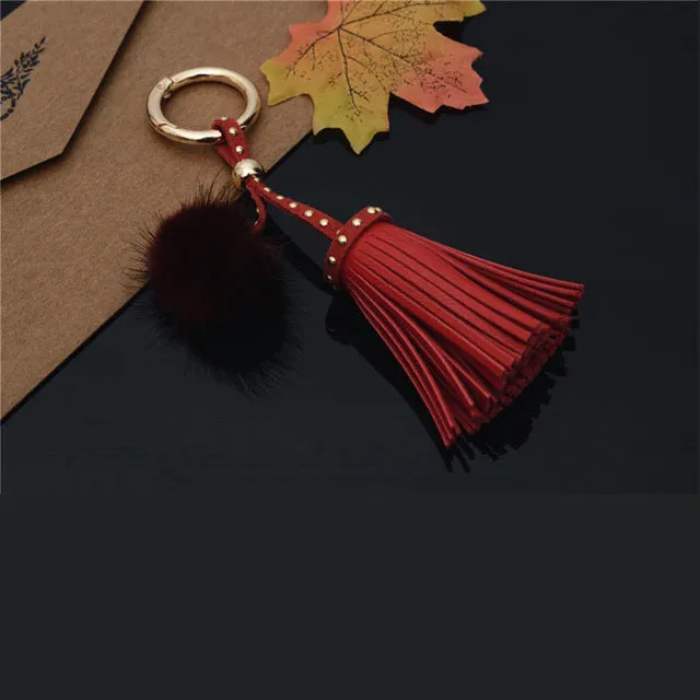 Leather Tassels With Mink Fur Ball Key Chain