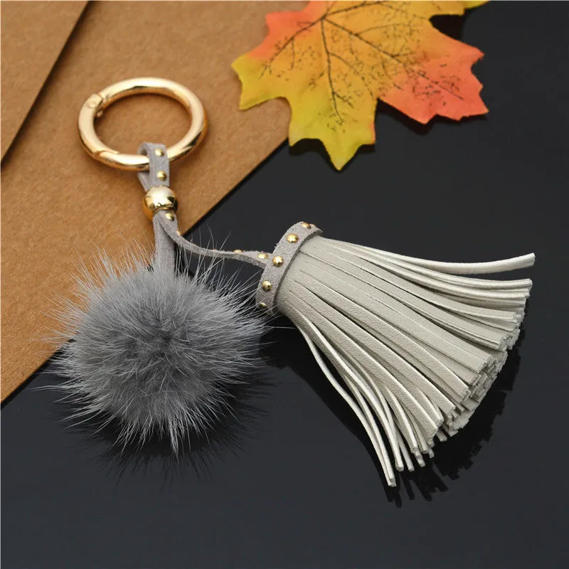 Leather Tassels With Mink Fur Ball Key Chain