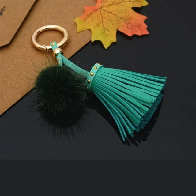 Leather Tassels With Mink Fur Ball Key Chain