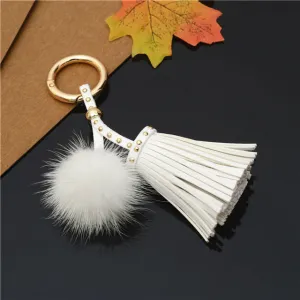 Leather Tassels With Mink Fur Ball Key Chain