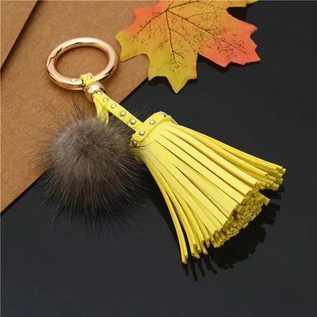 Leather Tassels With Mink Fur Ball Key Chain