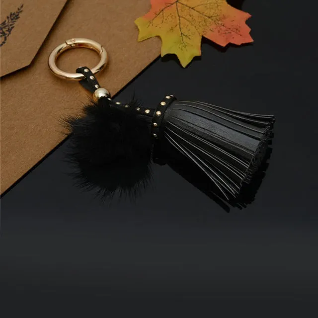 Leather Tassels With Mink Fur Ball Key Chain