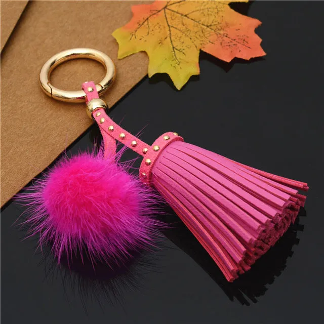 Leather Tassels With Mink Fur Ball Key Chain