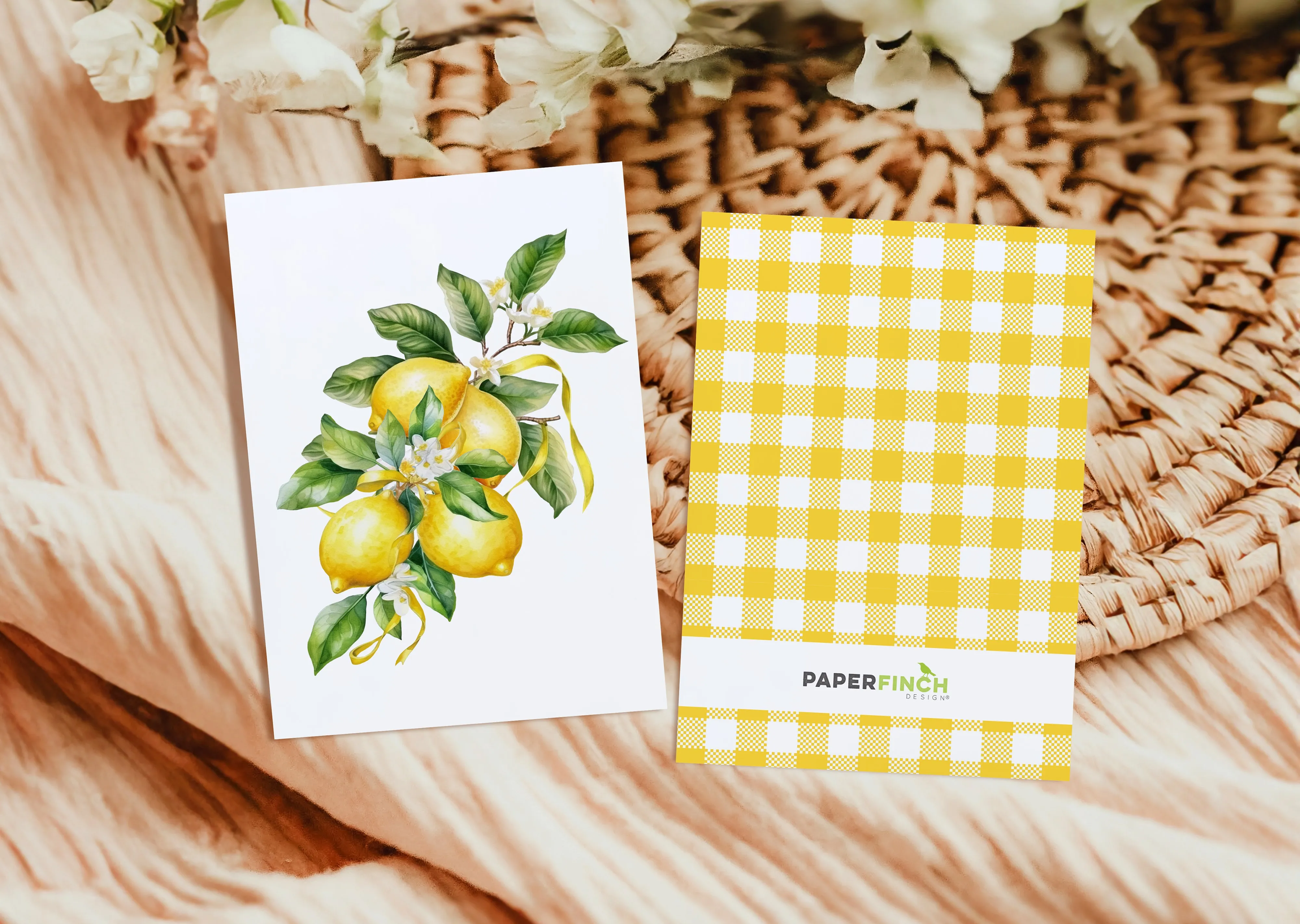 Lemon Greeting Card, Charming Watercolor Design with Yellow Plaid Back, Ideal for Sending Cheerful Notes, Seasonal Gift | Preppy Coastal Collection