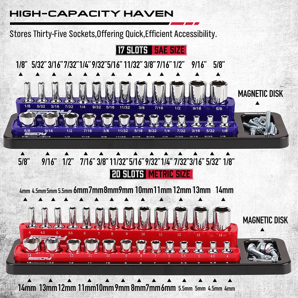 Magnetic Socket Holder Set - Detachable 1/4" Drive Metric & SAE Organizer