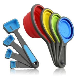 Measuring Cups and Spoons, Collapsible Silicone Measuring Cups and Spoons set, 8 piece Measuring Tool Engraved Metric/US Markings for Liquid & Dry Measuring, Space Saving, BPA Free Silicone, Colorful