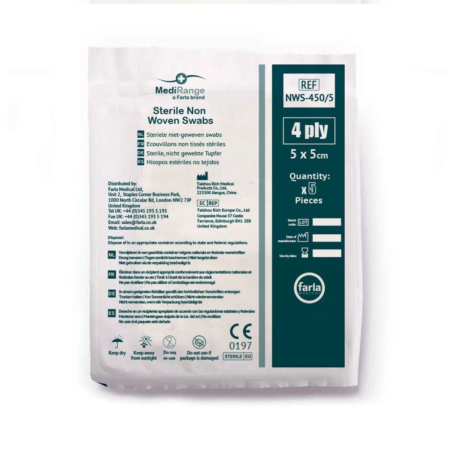 MediRange Non-Woven Swabs | Sterile | 5 x 5cm | 4 Ply | Pack of 5 x 50