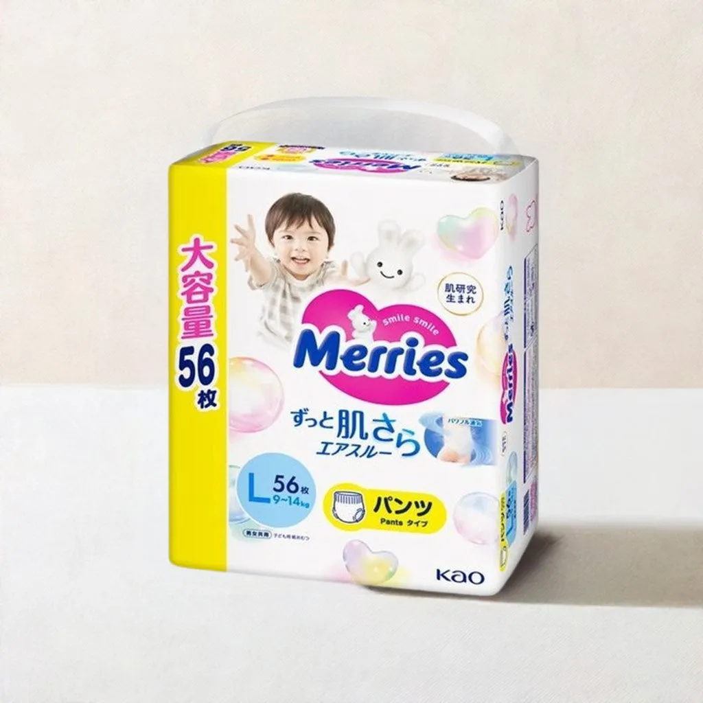 Merries Super Absorbent and Breathable Nappy Pants L for 9-14kg Babies Super Jumbo 56 Pack Save More Per Piece