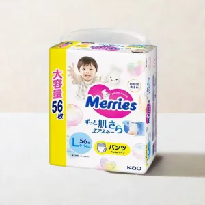 Merries Super Absorbent and Breathable Nappy Pants L for 9-14kg Babies Super Jumbo 56 Pack Save More Per Piece