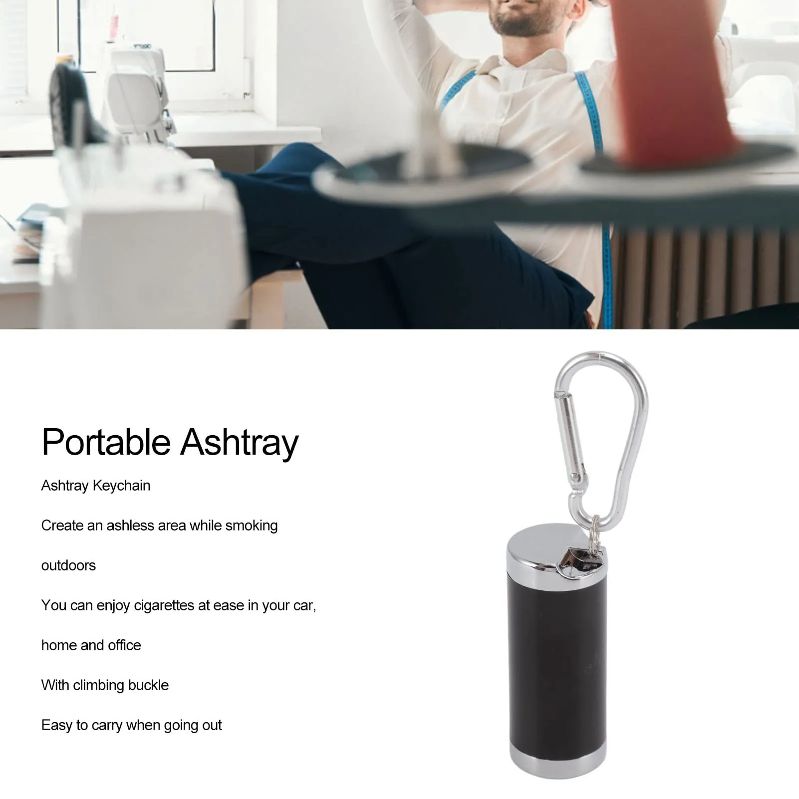 Mini Ashtray, Fireproof Rust Resistance Buckle Design Stainless Steel Portable Ashtray Keychain for Office (Black)