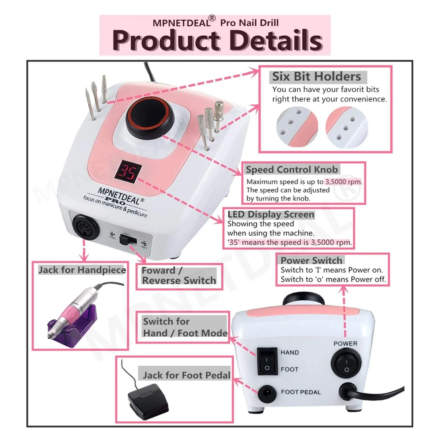 MPNETDEAL Sale-US plug-MPNETDEAL Pro Efile Nail Drill Machine 35,000rpm with LED Digital Display for Acrylic Nails Professional Manicure Drill Remove Nail Gel Polish Extension Gel Gift for Women Home and Salon Use