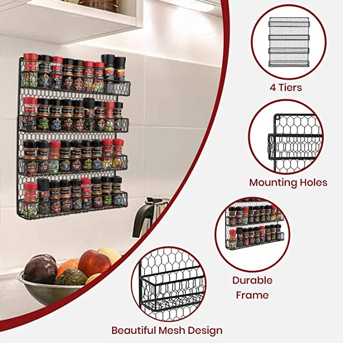 New Homeries 4 Tier Spice Rack Storage Organizer Spice Rack Mount Great for Kitchen Pantry or Wall Mount