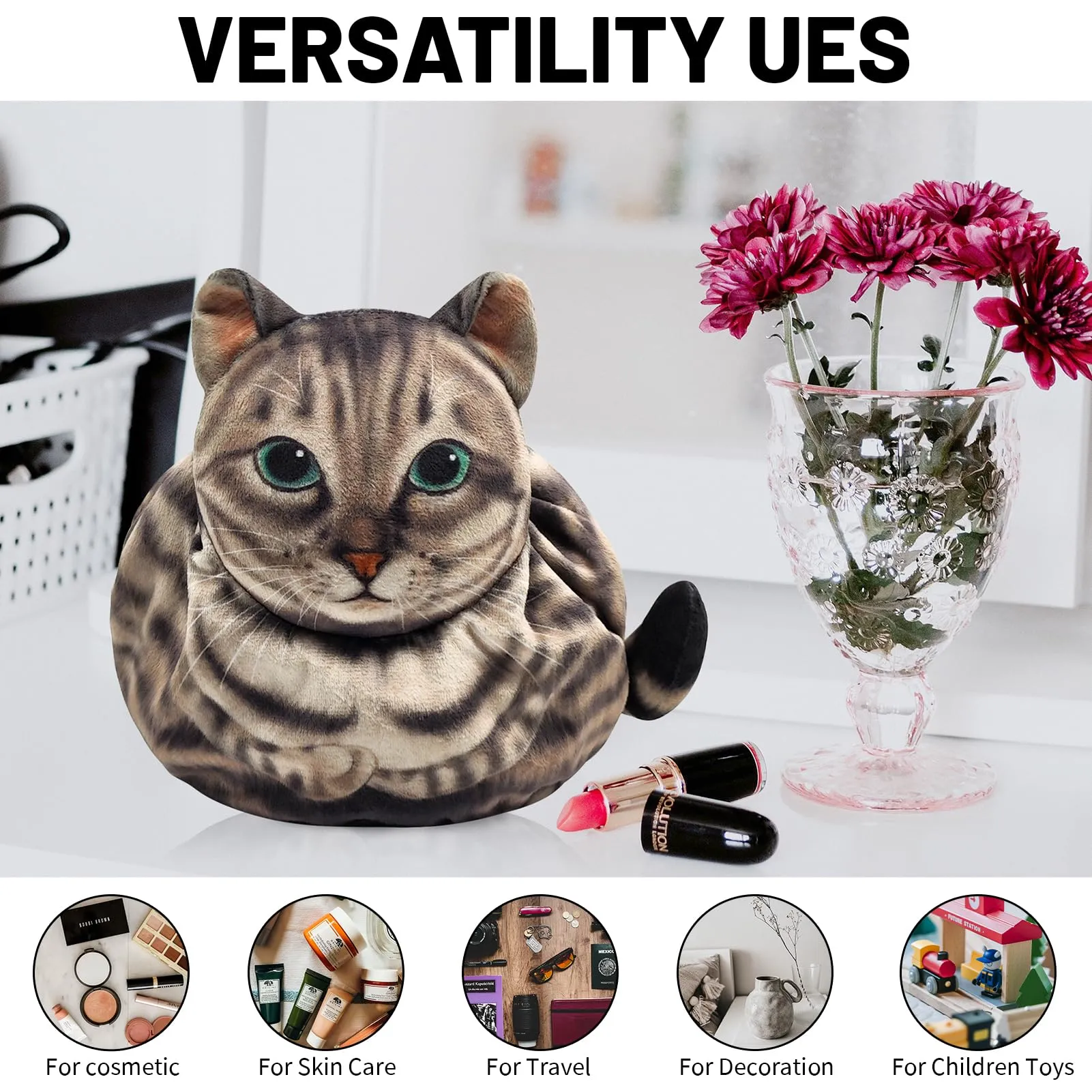 Openhahaha Drawstring Makeup Bag, Cat Makeup Bag, Travel Makeup Organizer, Cosmetic Pouch Bag, Cat Gift for Women, Lay Flat Makeup Bag Gifts for Cat Lovers(2-Pack)