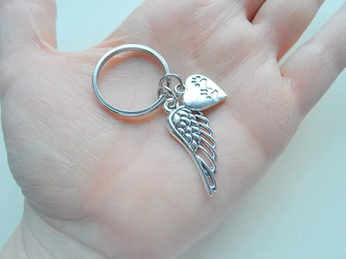 Paw Prints on Heart Charm Keychain with Wing Charm, Pet Memorial Keychain