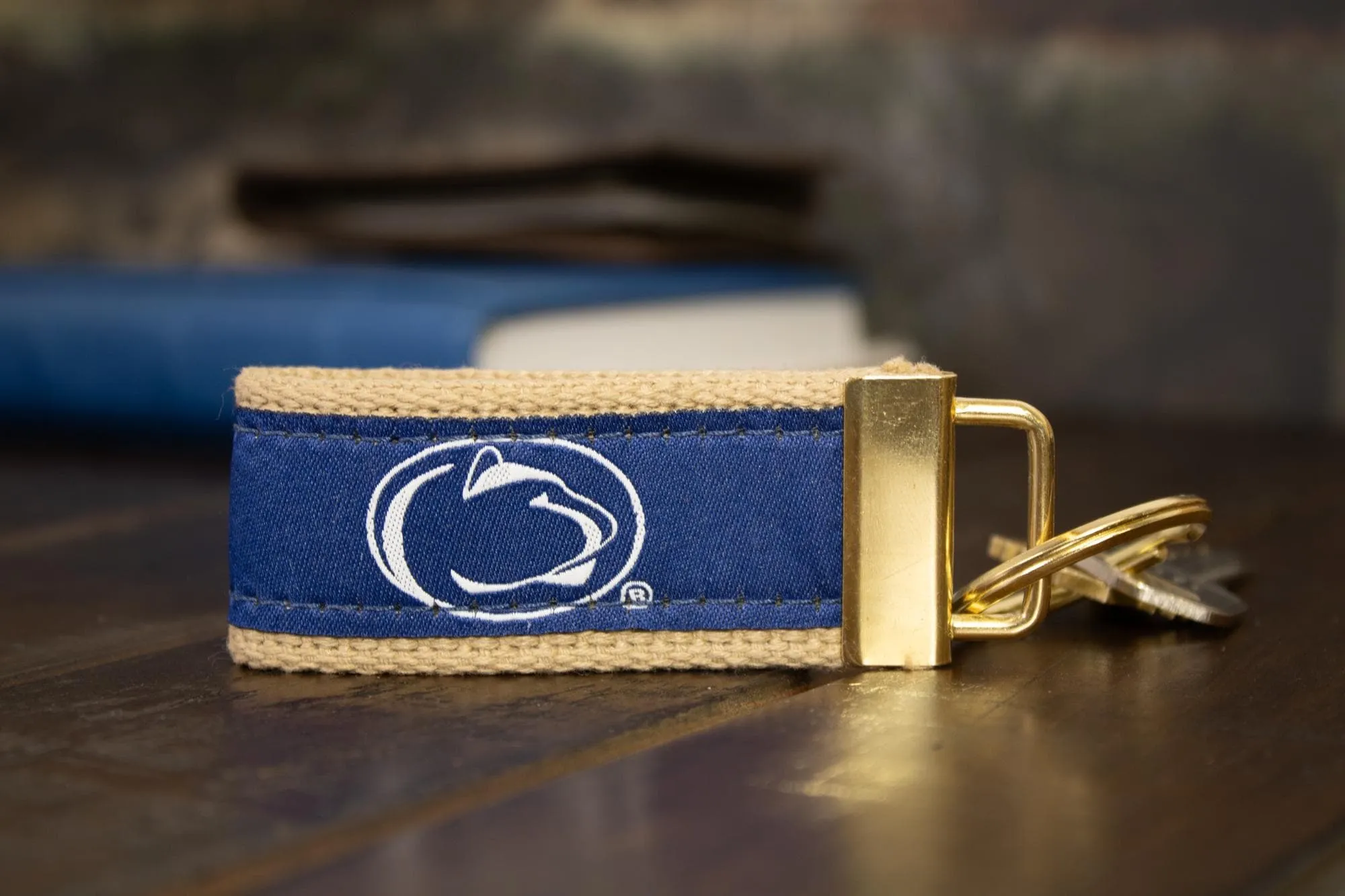 Penn State Nittany Lions Collegiate Woven Ribbon Key Chain. Penn State University Key Fob. Penn State Gift. Brass Clasp and O-Ring.