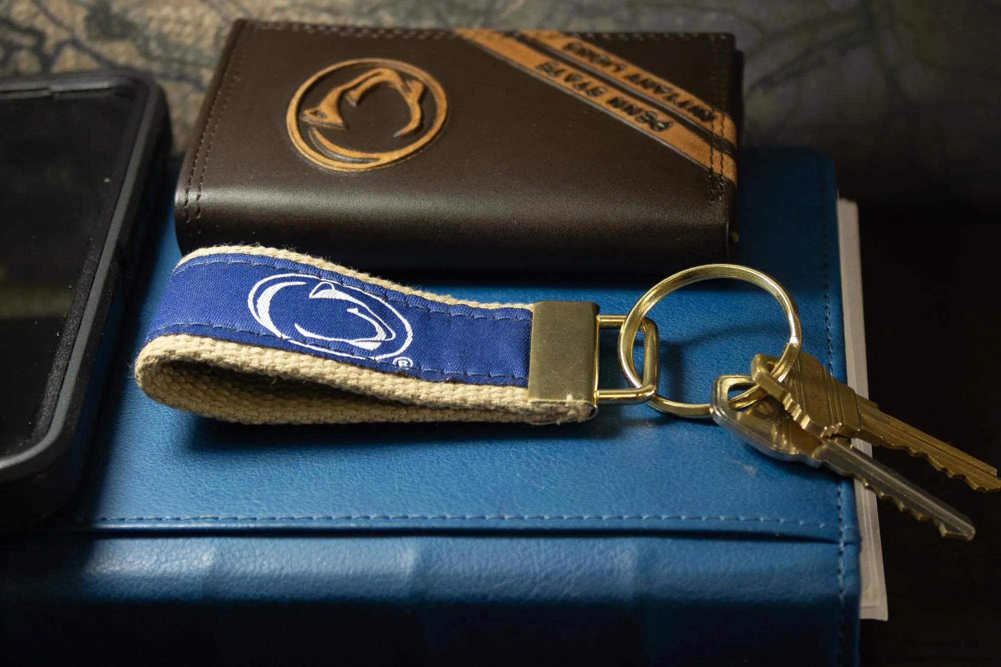 Penn State Nittany Lions Collegiate Woven Ribbon Key Chain. Penn State University Key Fob. Penn State Gift. Brass Clasp and O-Ring.