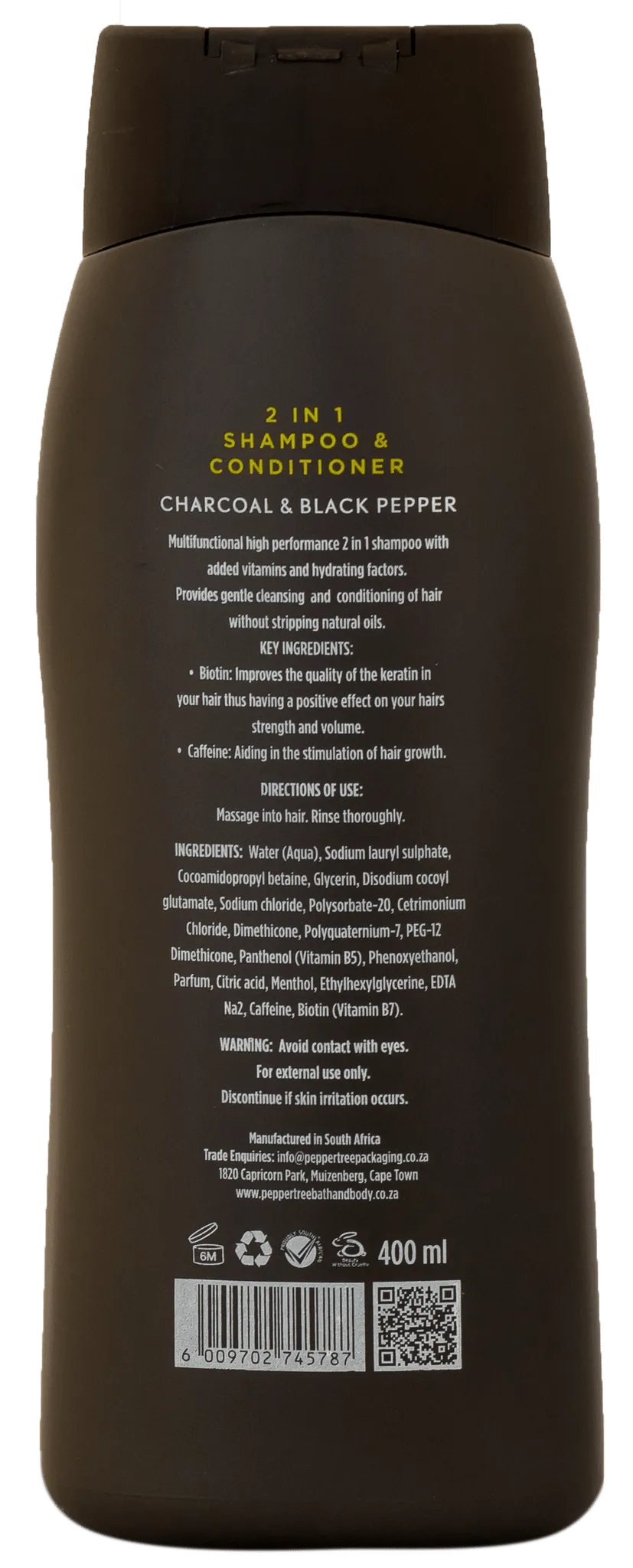 Pepper Tree Charcoal & Black Men's 2-in-1 Conditioning Shampoo 400ml