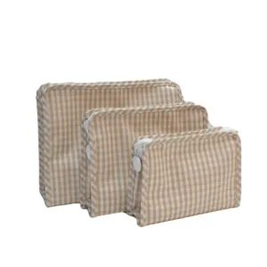 Personalized Nylon Beige Gingham Set of 3 Pouches