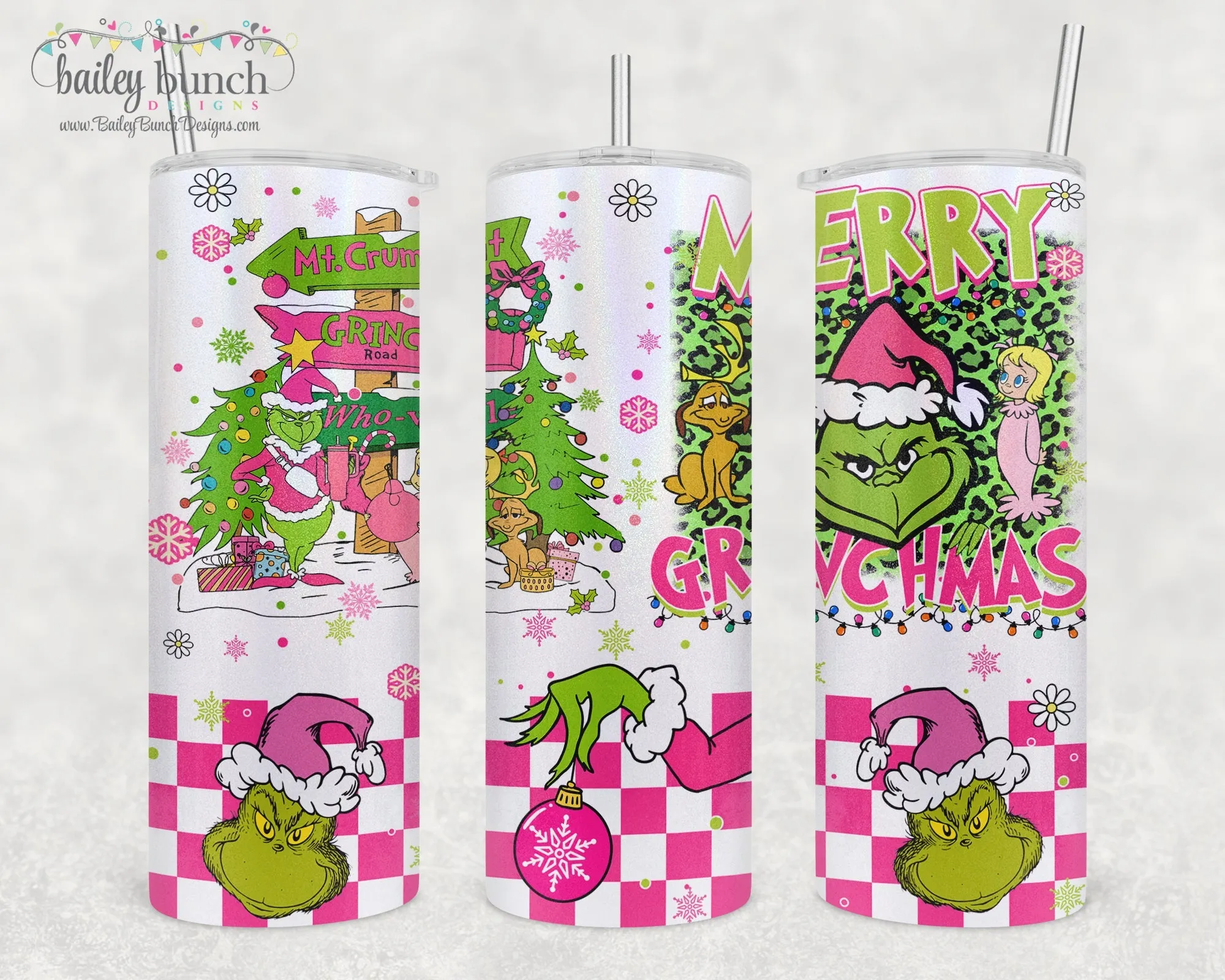 Pink Checkered Grinch Shimmer Glitter Tumbler TUMBPINKCGRINCH0520
