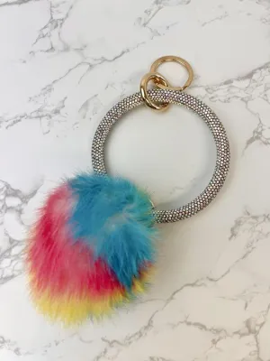 Pom Pom Crystal Rhinestone Bangle Key Ring - Rainbow