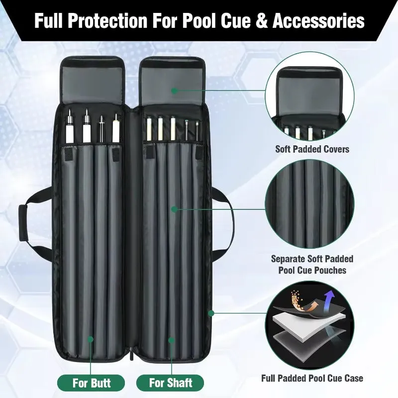 Pool Cue Case 4X5, Soft Padded with Multi-Pocket for 4 Butts and 5 Shafts, Pool Stick Case with Shoulder Straps for Pool Cue