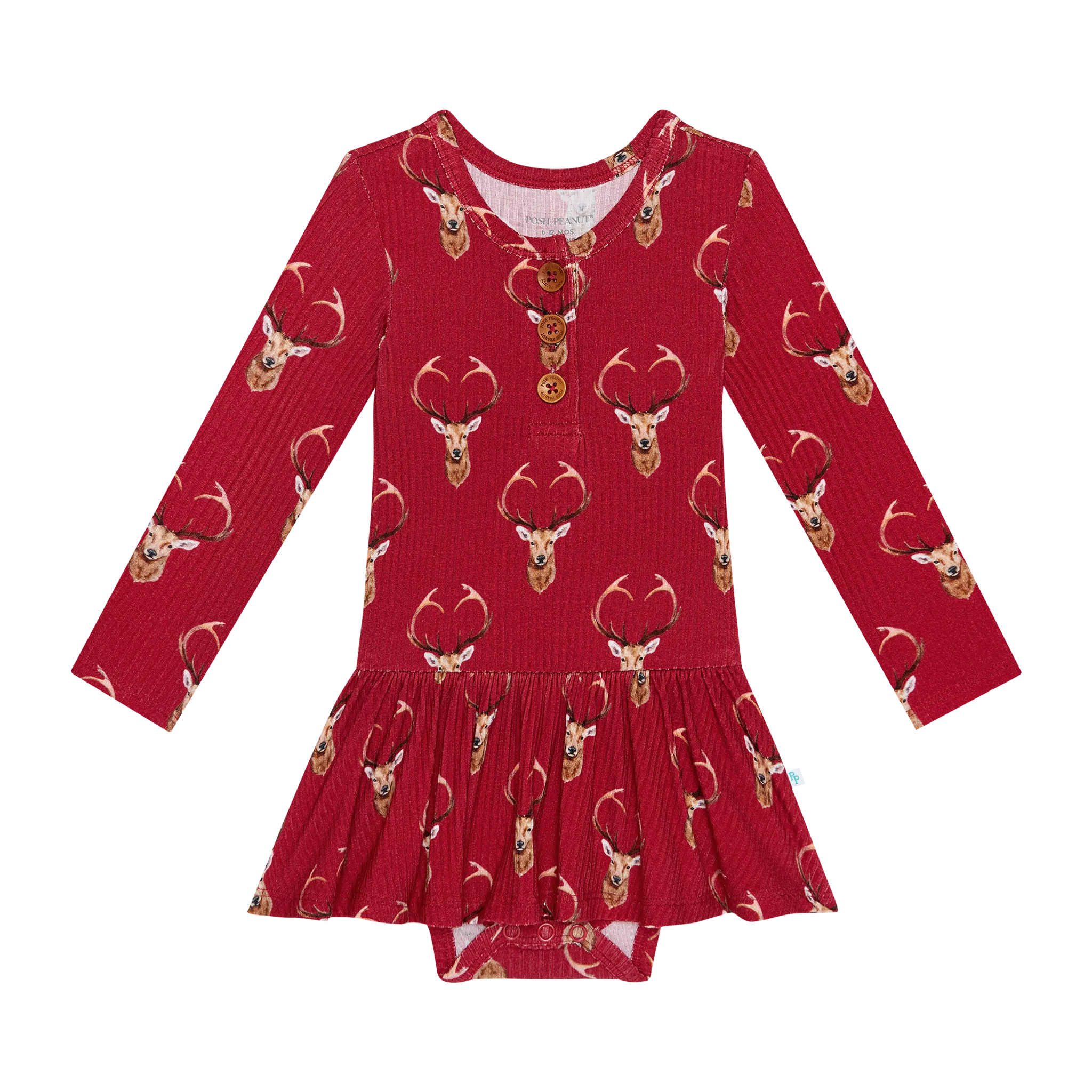 Posh Peanut Long Sleeve Henley Girls Twirl Skirt Bodysuit in Dash