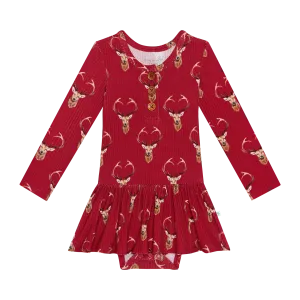 Posh Peanut Long Sleeve Henley Girls Twirl Skirt Bodysuit in Dash