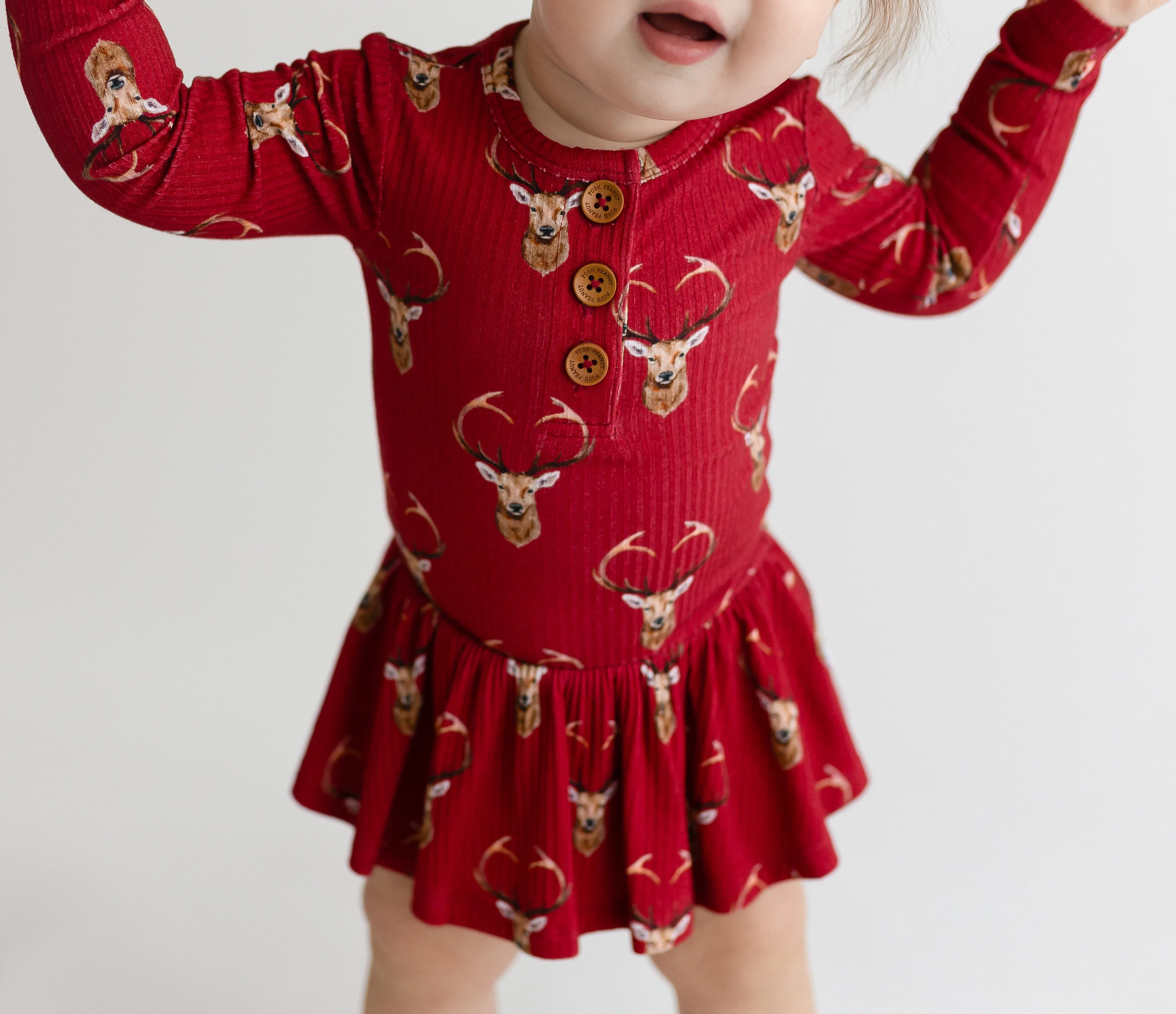 Posh Peanut Long Sleeve Henley Girls Twirl Skirt Bodysuit in Dash