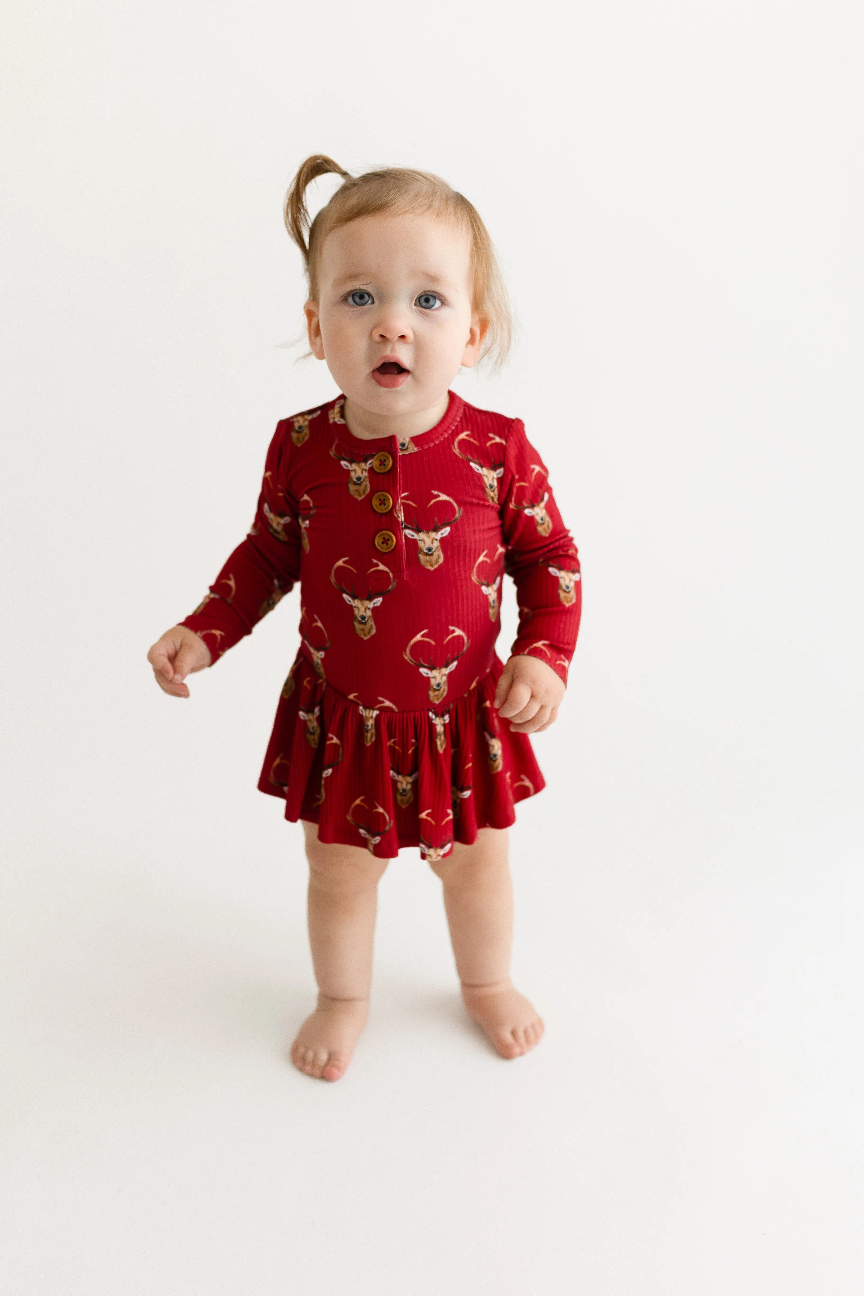 Posh Peanut Long Sleeve Henley Girls Twirl Skirt Bodysuit in Dash