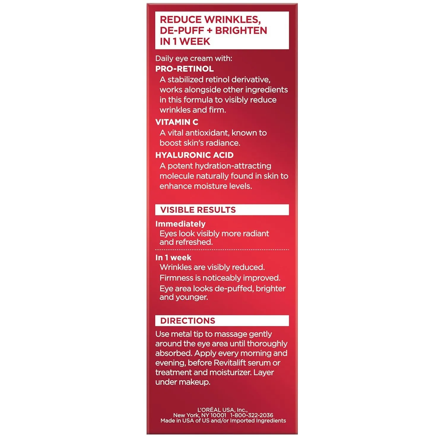 Revitalift Triple Power Anti-Aging Eye Cream Treatment, with Pro Retinol, Hyaluronic Acid & Vitamin C to Reduce Wrinkles, De-Puff and Brighten Skin, 0.5 Fl. Oz.