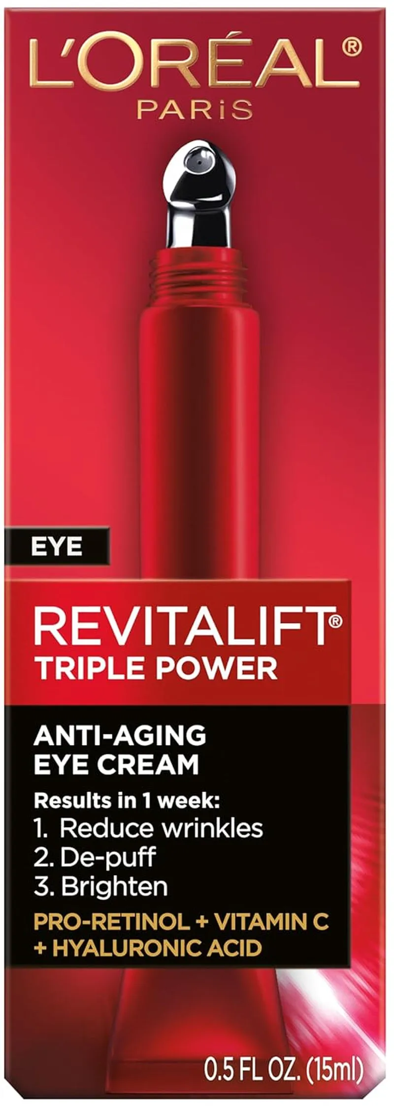 Revitalift Triple Power Anti-Aging Eye Cream Treatment, with Pro Retinol, Hyaluronic Acid & Vitamin C to Reduce Wrinkles, De-Puff and Brighten Skin, 0.5 Fl. Oz.