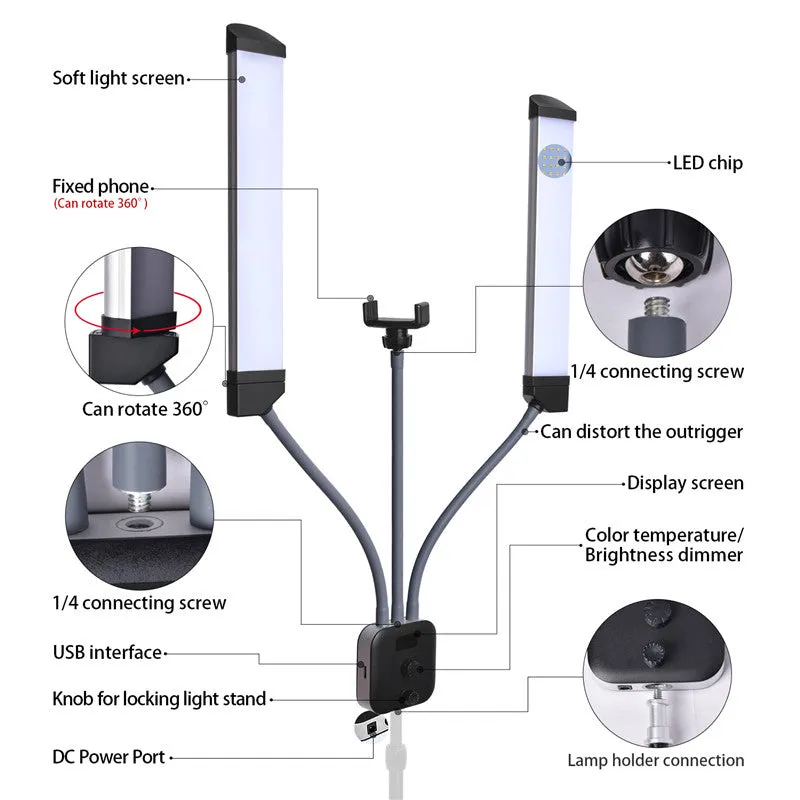 Rotatable LED Fill Light Dimmable Flexible Dual Arm for Cellphone Live Video Selfie Photography base version   light stand