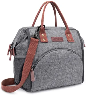 Rynx | LOKASS Insulated Lunch Bag Wide-Open Lunch Tote Bag Large Drink Holder Durable Nylon Snacks Organizer with Removable Shoulder Strap for Women Men Adults Work Outdoor, Gray