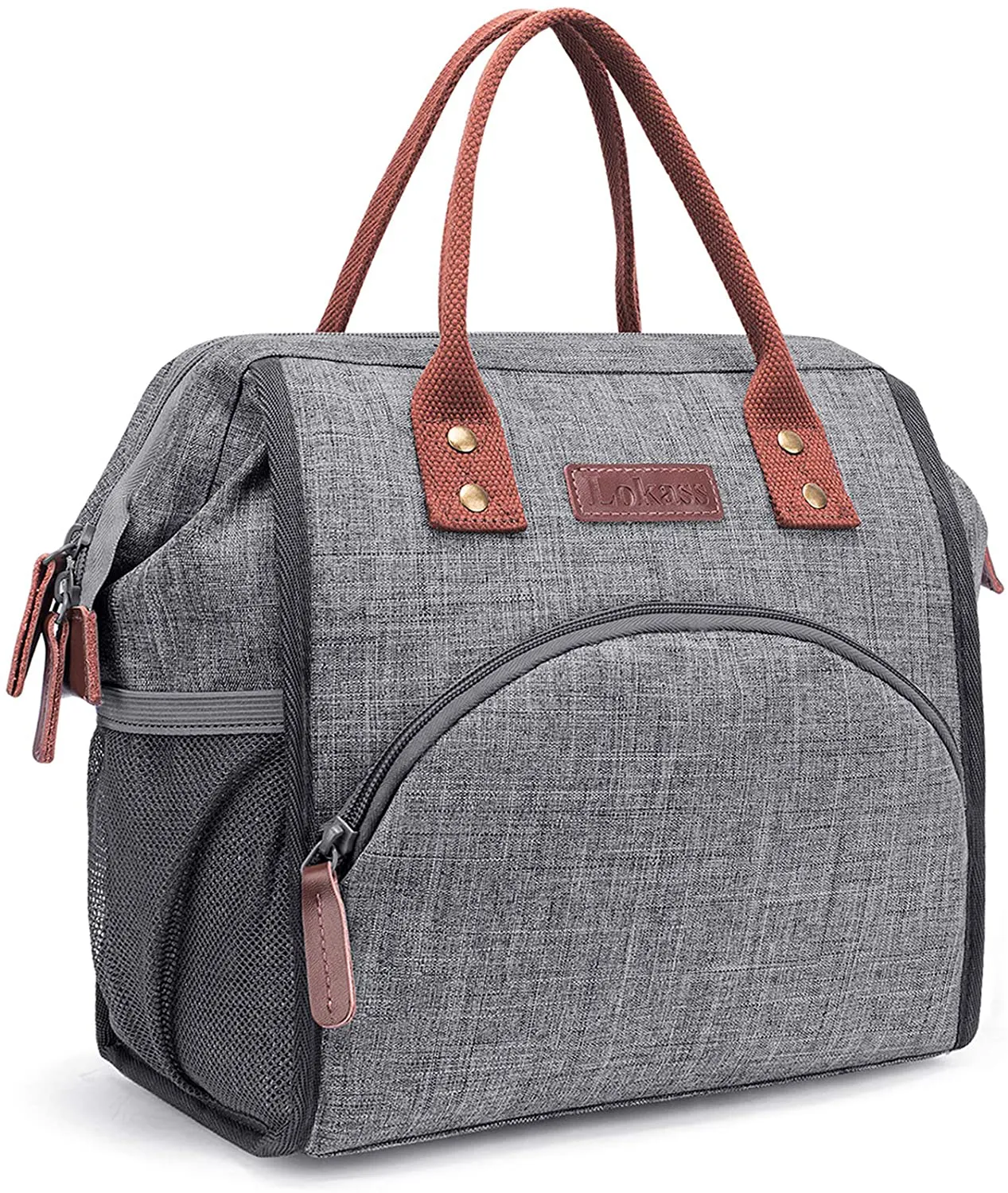 Rynx | LOKASS Insulated Lunch Bag Wide-Open Lunch Tote Bag Large Drink Holder Durable Nylon Snacks Organizer with Removable Shoulder Strap for Women Men Adults Work Outdoor, Gray