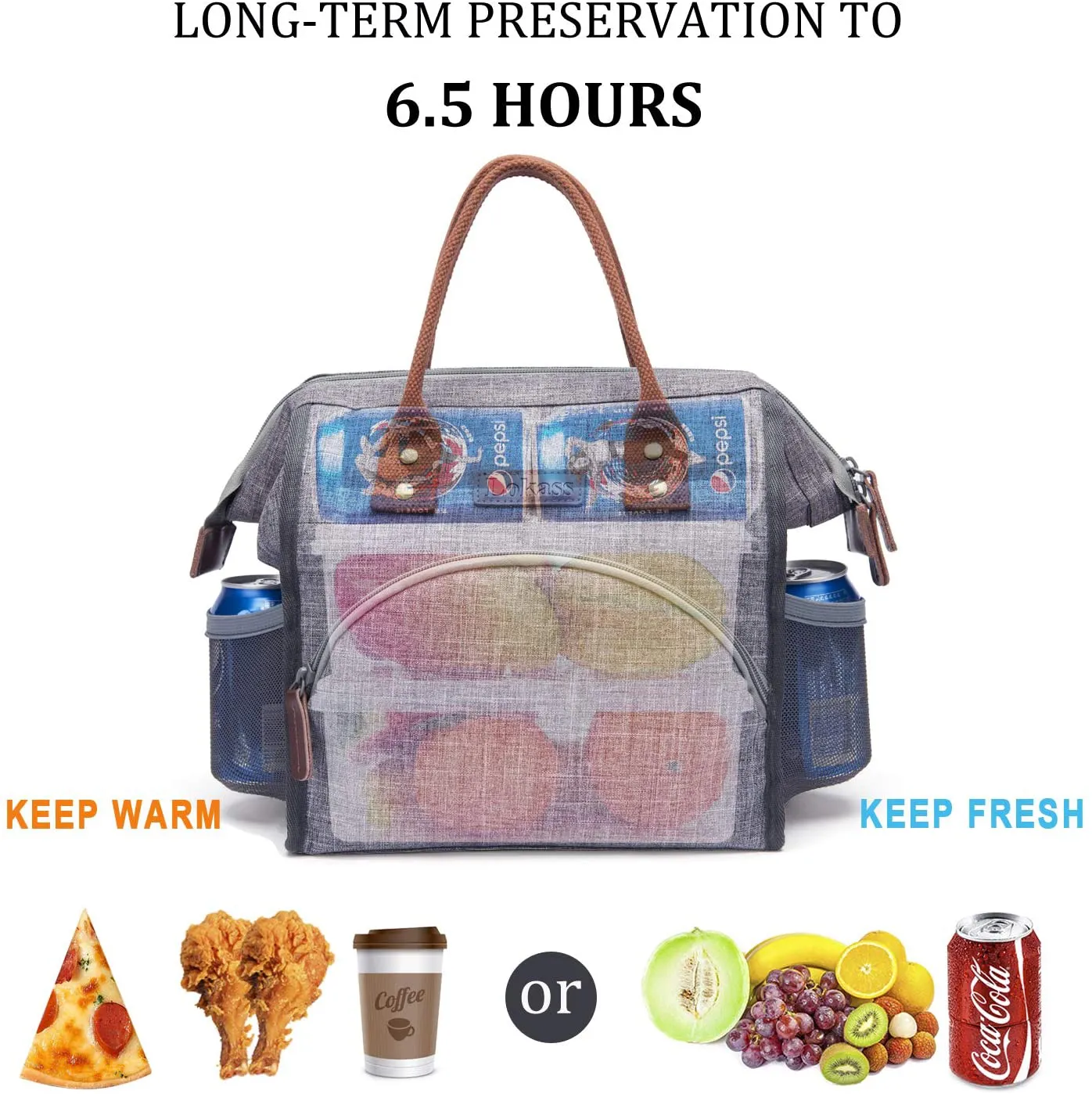 Rynx | LOKASS Insulated Lunch Bag Wide-Open Lunch Tote Bag Large Drink Holder Durable Nylon Snacks Organizer with Removable Shoulder Strap for Women Men Adults Work Outdoor, Gray
