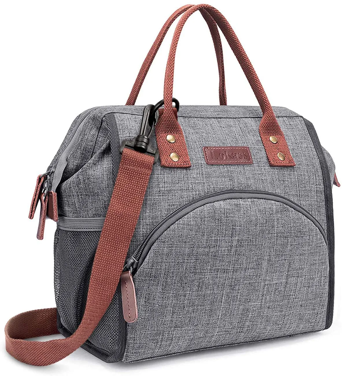 Rynx | LOKASS Insulated Lunch Bag Wide-Open Lunch Tote Bag Large Drink Holder Durable Nylon Snacks Organizer with Removable Shoulder Strap for Women Men Adults Work Outdoor, Gray